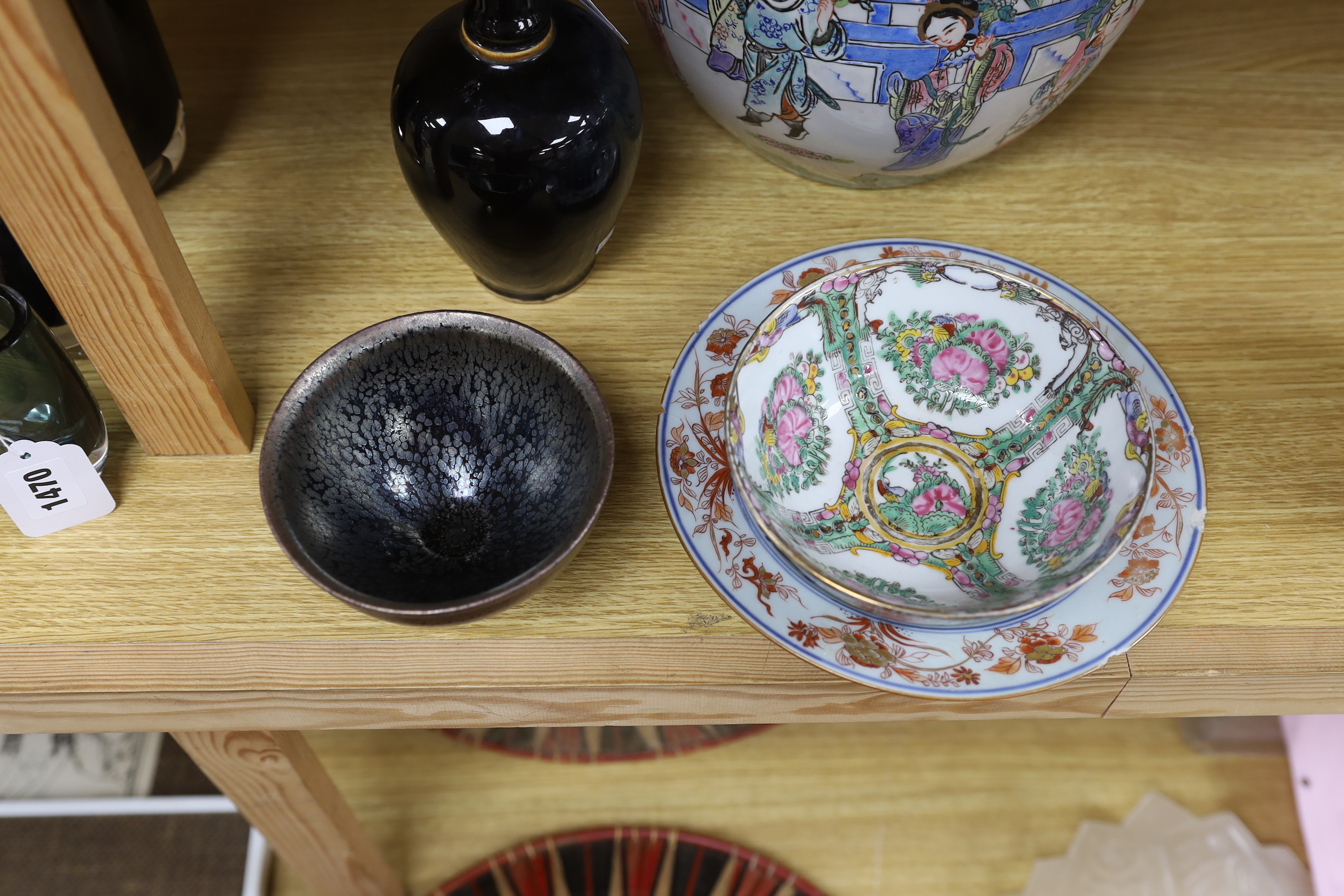 A group of Chinese ceramics, a Phoenix based ewer, oil spot glazed bowl, jar and cover, bowl and a Chinese Imari plate, jar and cover 32cm high